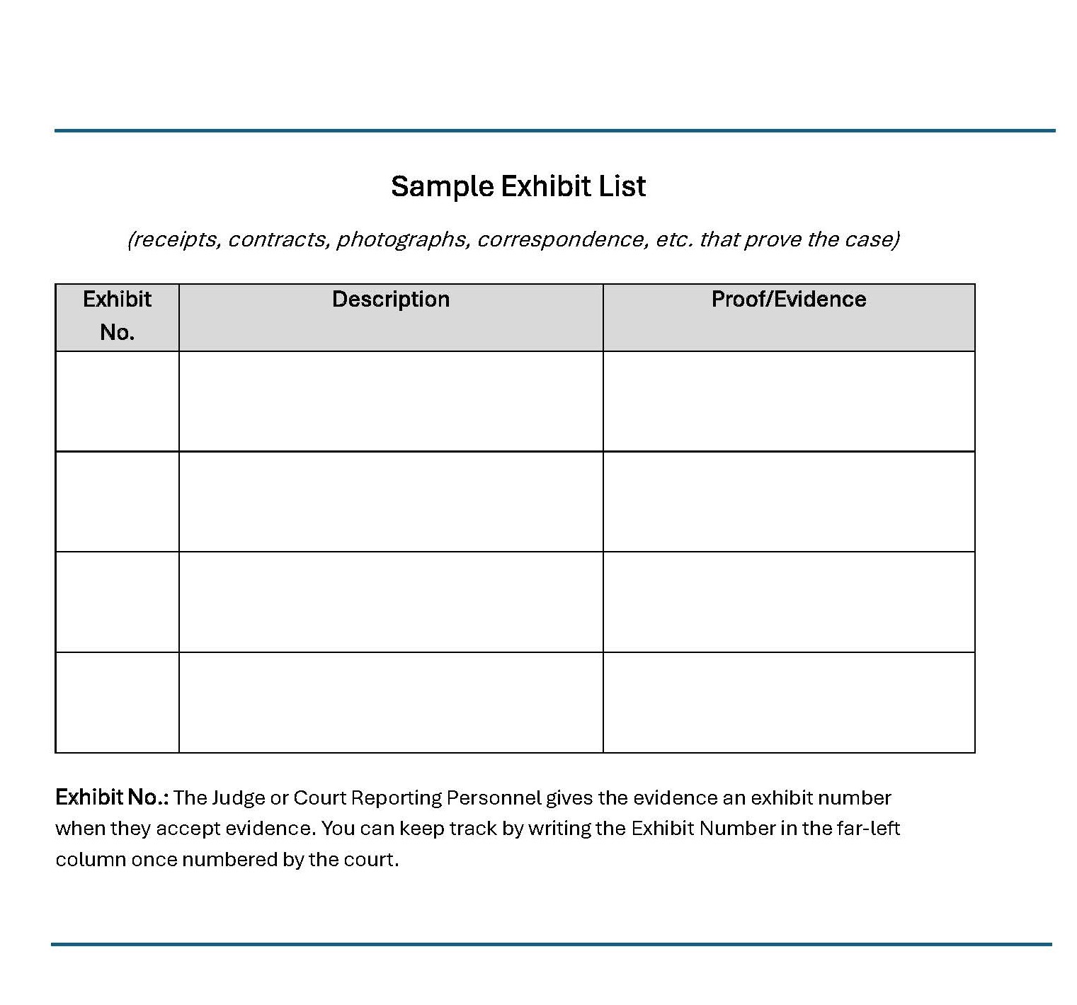 sample exhibit list