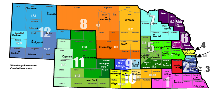 Map of Nebraska linking to teams